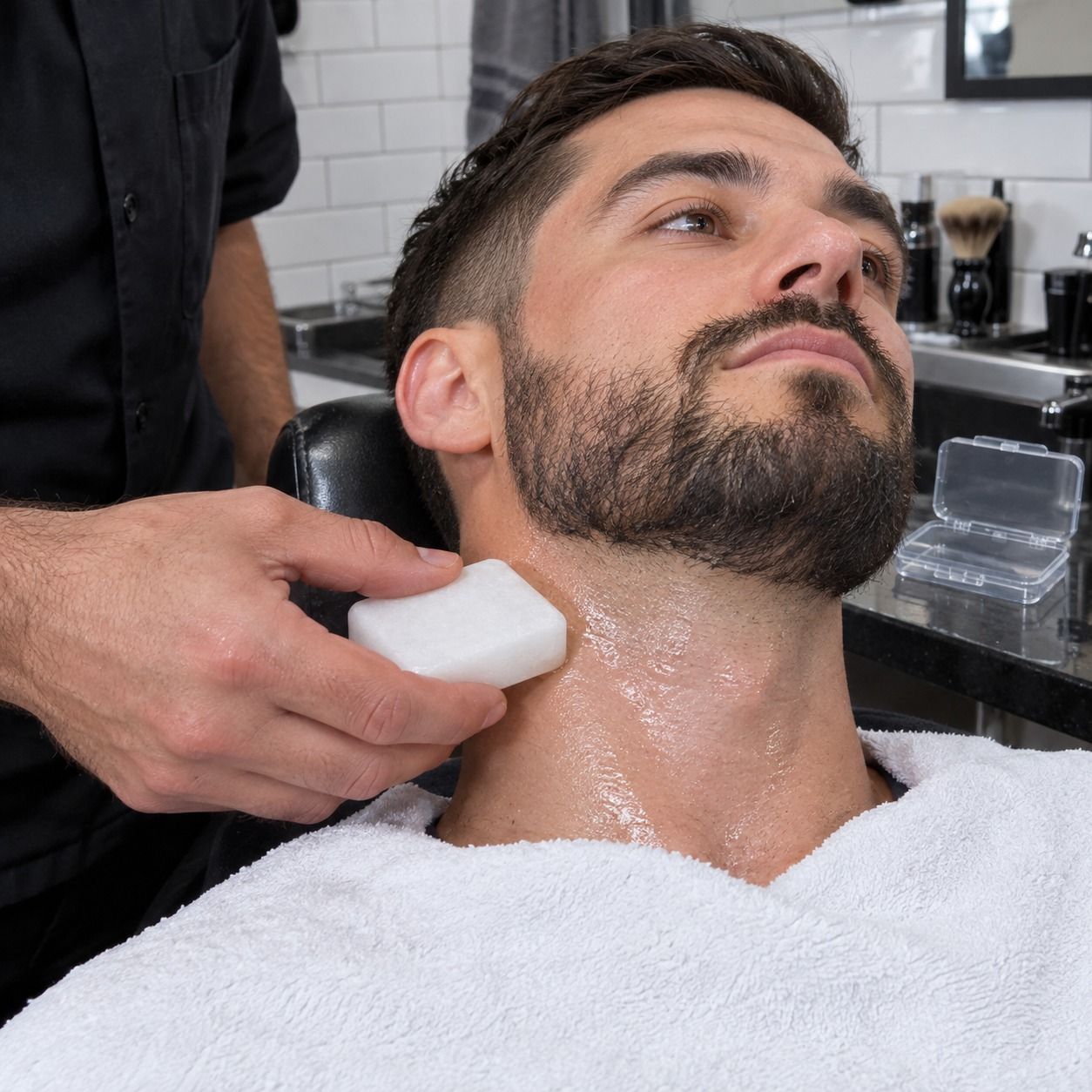 A barber finishing a shave with the stone